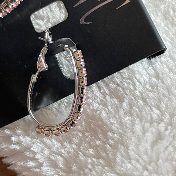 INC Huggie Earrings Silver Tone Pink Rhinestones New - Picture 3 of 6